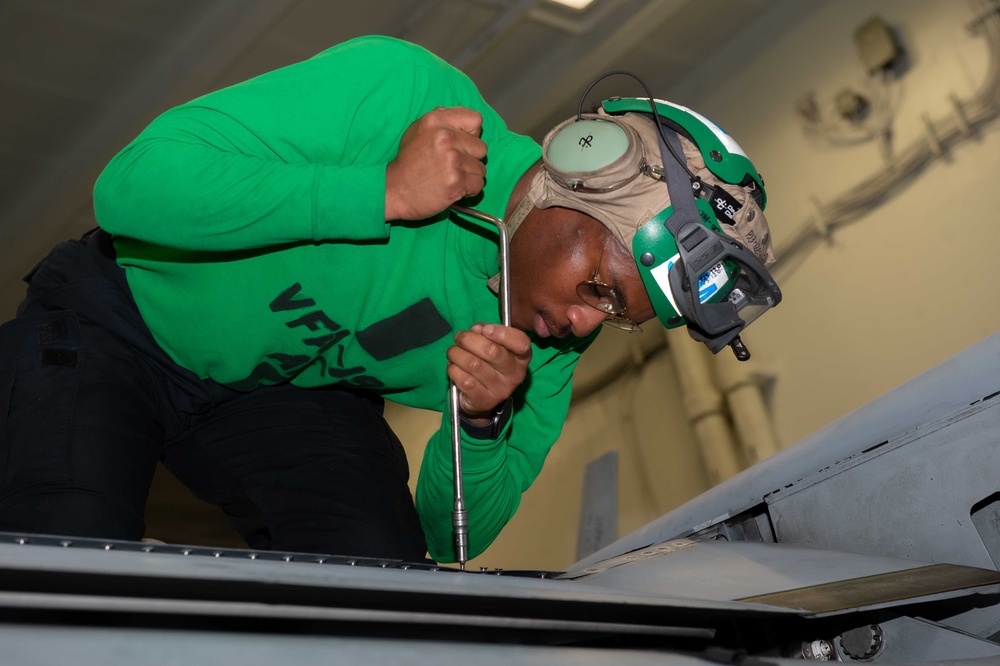 Strike Fighter Squadron (VFA) 192 Sailors Perform Maintenance Aboard USS Carl Vinson (CVN 70)