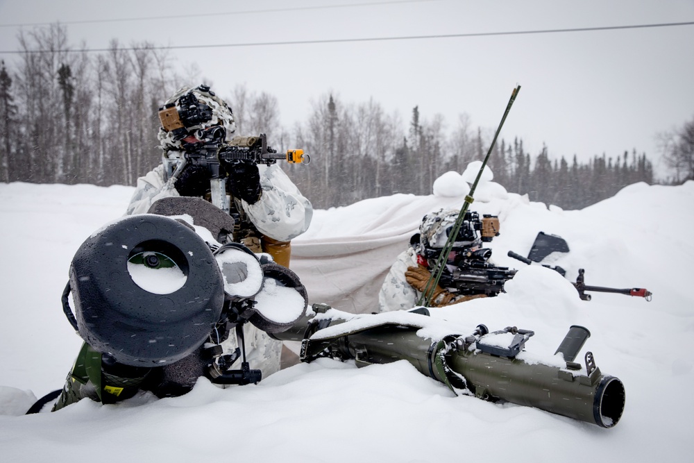 11th Airborne Division Soldiers stand guard during JPMRC-AK 23-02