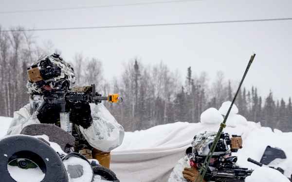 11th Airborne Division Soldiers stand guard during JPMRC-AK 23-02