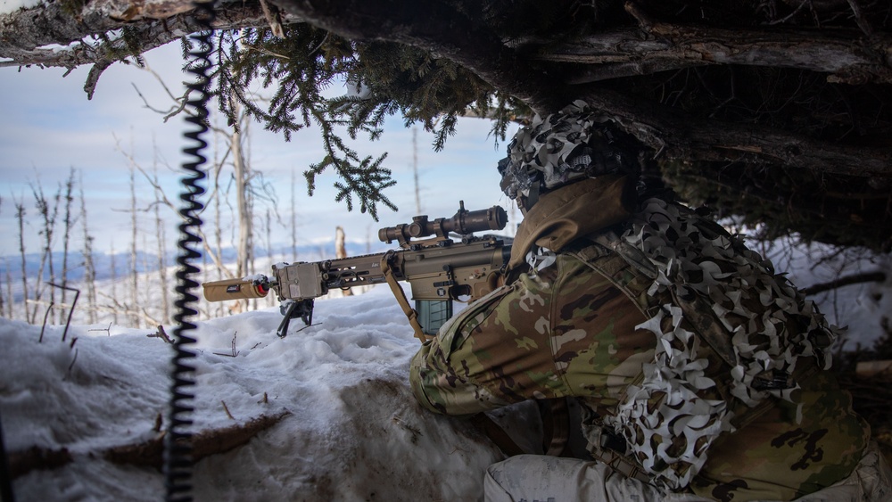 11th Airborne Division Soldier pulls security during JPMRC-AK 23-02