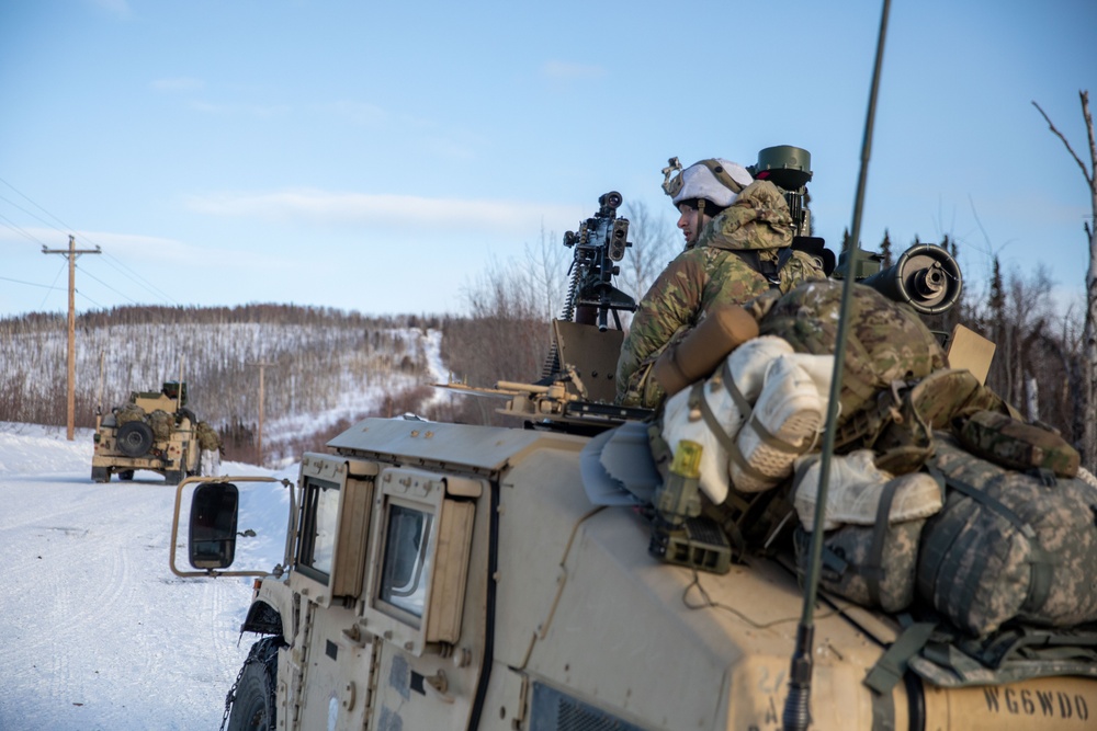 11th Airborne Division Soldiers conduct convoy operations during JPMRC-AK 23-02