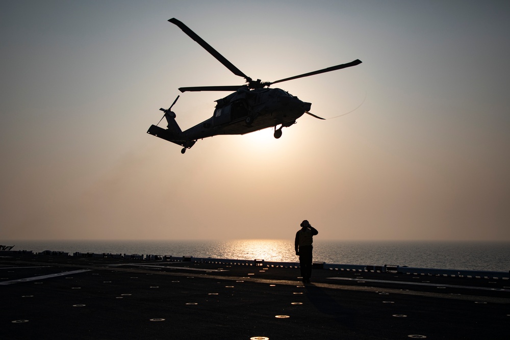 DVIDS - Images - USS Makin Island flight deck operations during sunset ...