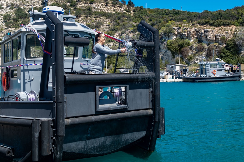 NSA Souda Bay Christens Two Work Boats at the NATO Marathi Pier Complex