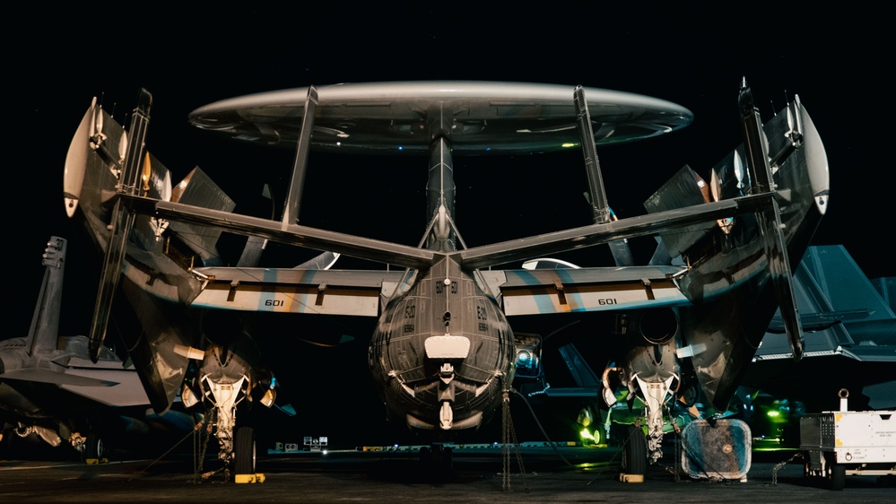 An E-2D Advanced Hawkeye is Stowed on the Flight Deck of USS Carl Vinson (CVN70)