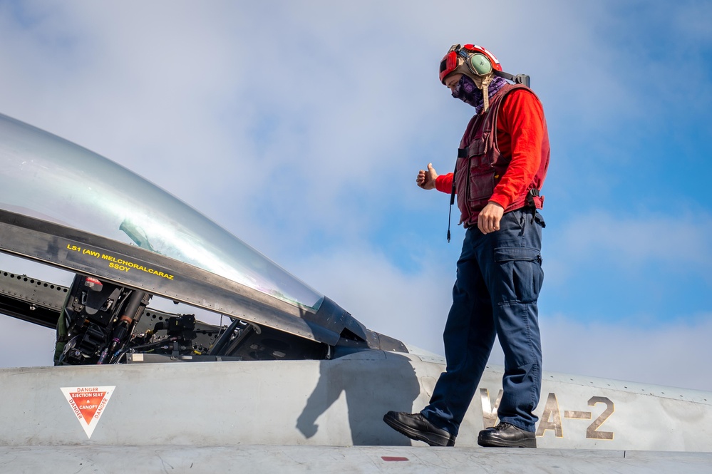 Strike Fighter Squadron (VFA) 2 Sailors Perform Maintenance Aboard USS Carl Vinson (CVN 70)