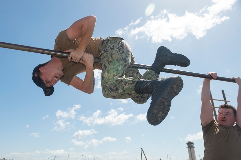 USS Essex Deck Department participate in MCRD Obstacle Course