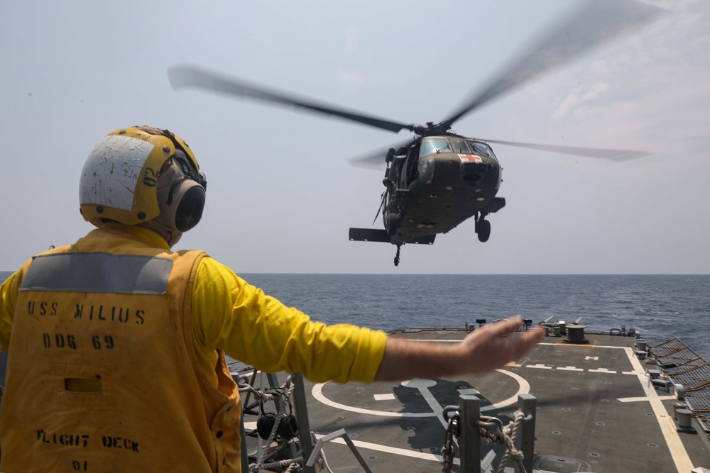 USS Milius (DDG 69) Conducts Flight Quarters with Army Black Hawk Helicopter