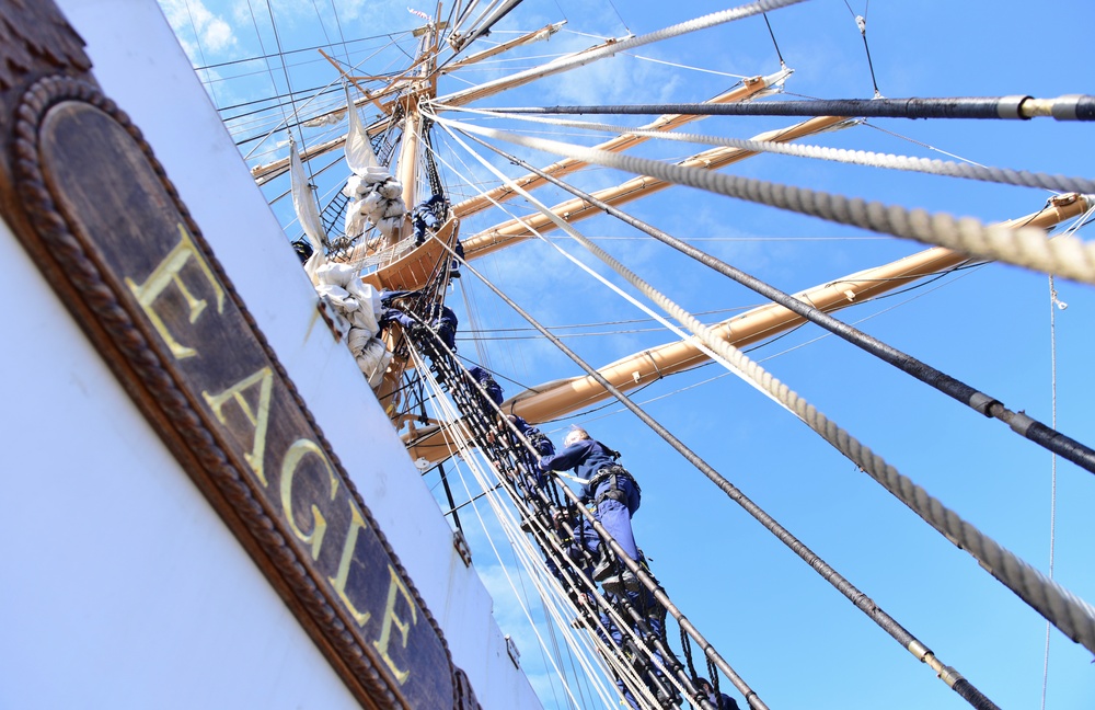 Coast Guard officer candidates, foreign military partner members learn seamanship skills aboard USCGC Eagle