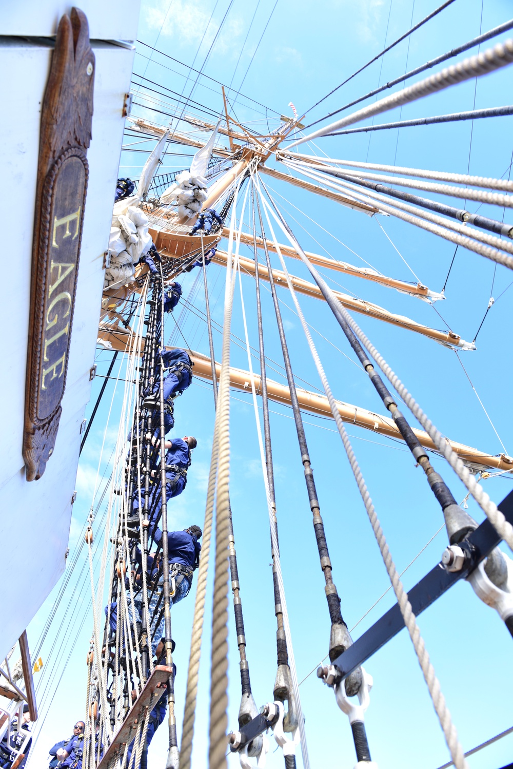 Coast Guard officer candidates, foreign military partner members learn seamanship skills aboard USCGC Eagle