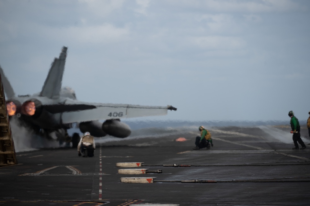 An F/A-18E Super Hornet Prepares To Launch From The Flight Deck