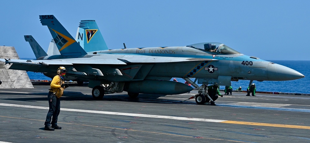 An F/A-18E Super Hornet Prepares To Launch From The Flight Deck