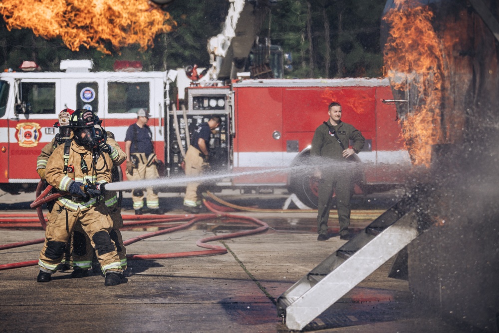 Aircraft Rescue and Firefighting Marines train with Burton Fire District for the upcoming 2023 MCAS Beaufort Air Show