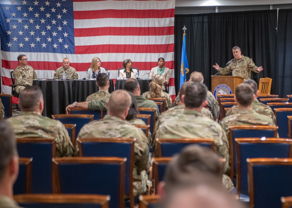 138th Fighter Wing hosts Maj. Gen. Thomas Mancino, the adjutant general for Oklahoma and state leadership for a Sexual Assault Awareness and Prevention Month discussion panel event.