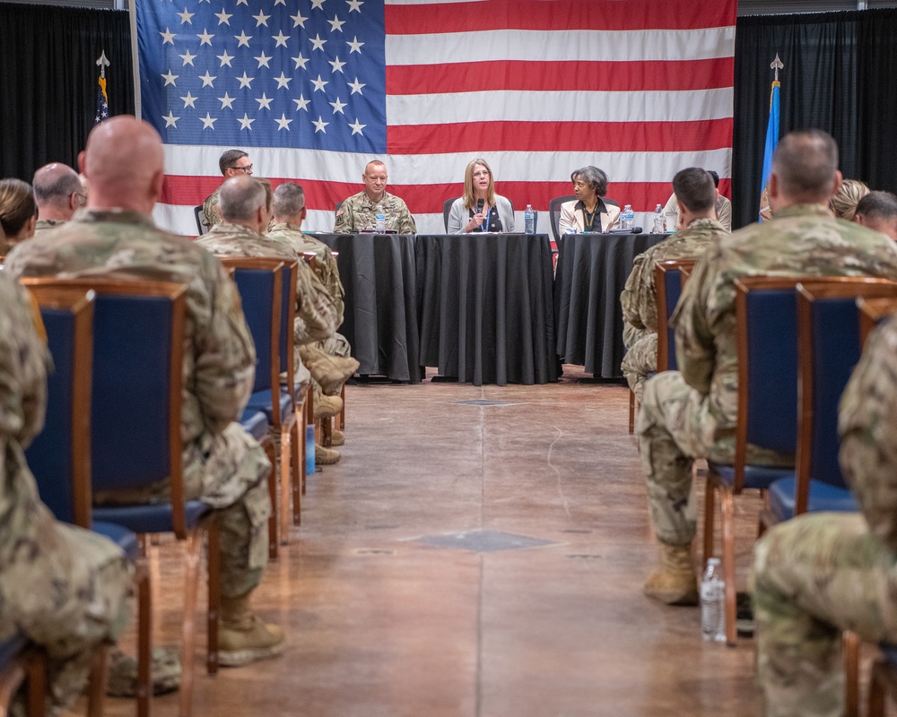138th Fighter Wing hosts Maj. Gen. Thomas Mancino, the adjutant general for Oklahoma and state leadership for a Sexual Assault Awareness and Prevention Month discussion panel event.