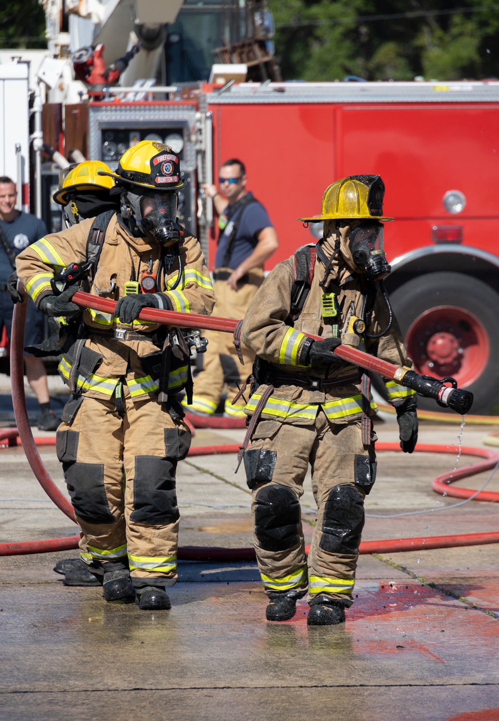 Aircraft Rescue and Firefighting Marines train with Burton Fire District for the upcoming 2023 MCAS Beaufort Air Show