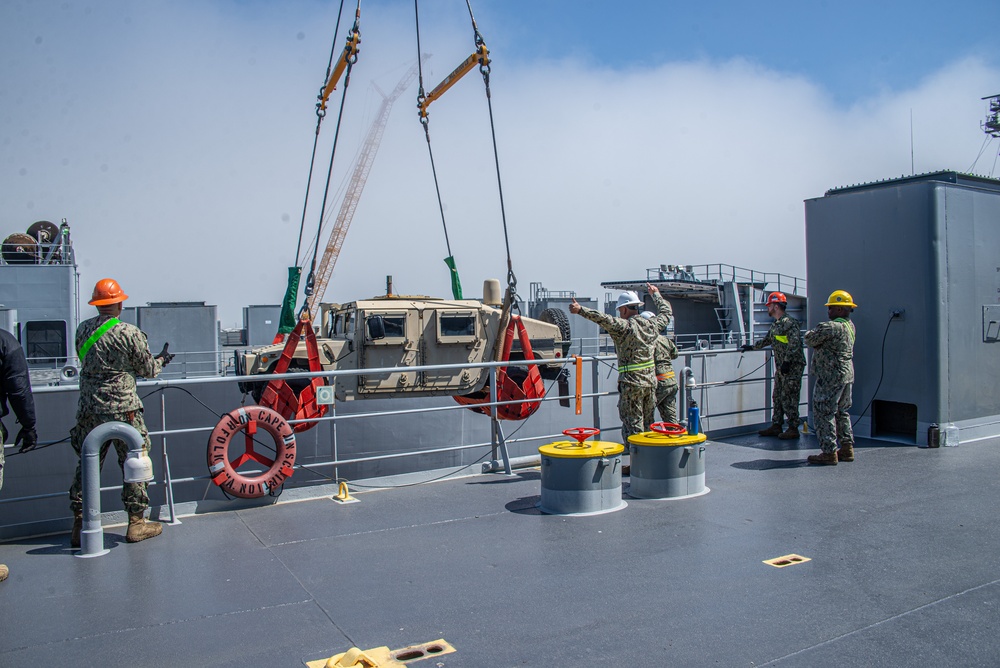 MSRON 11 and NCHB 14 Conducts LO-LO Operations aboard SS Cape Inscription (T-AKR-5076) during Adaptive Force Exercise (AFOX) in Port of Long Beach.