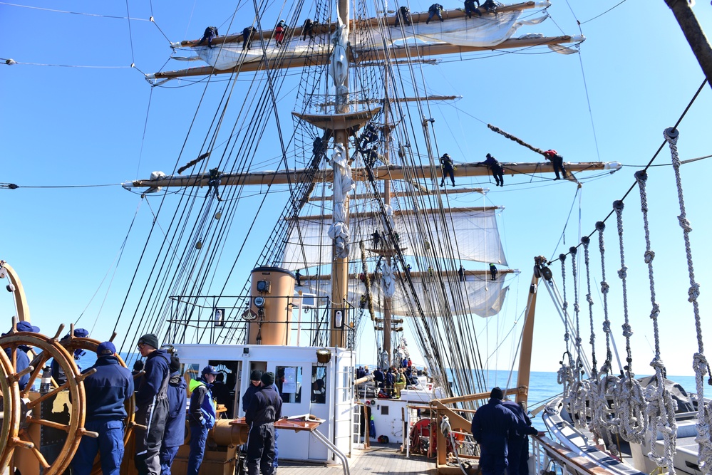 USCGC Eagle personnel test-out cutter’s rigging while underway in the Atlantic Ocean