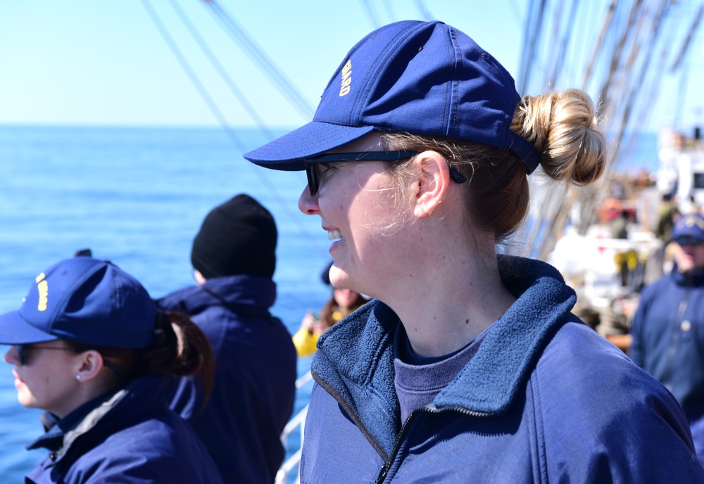 Coast Guard officer candidates view dolphin pod aboard USCGC Eagle while underway in the Atlantic Ocean