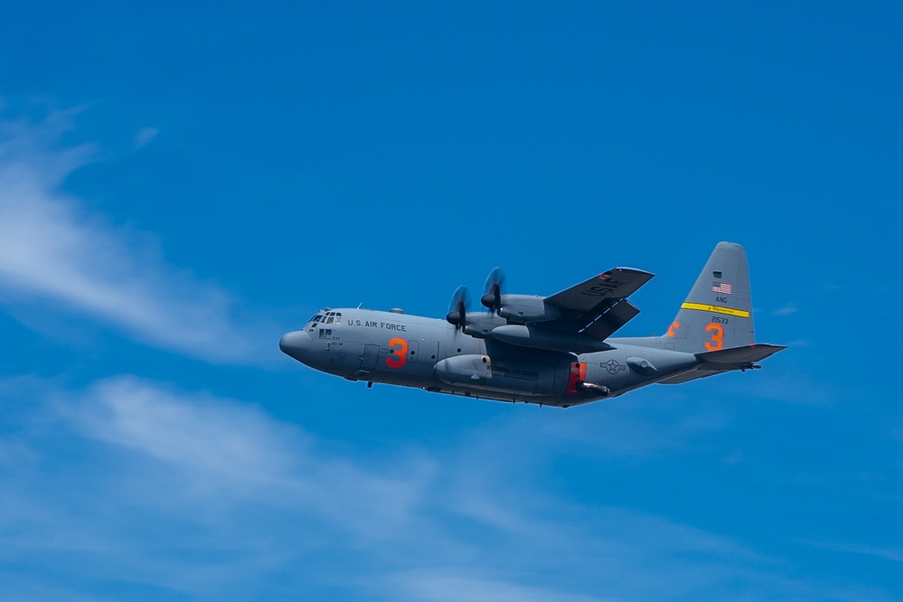 A C-130 from Wyoming Air National Guard's 153rd Airlift Wing during Modular Airborne Fire Fighting System (MAFFS) Spring Training 2023