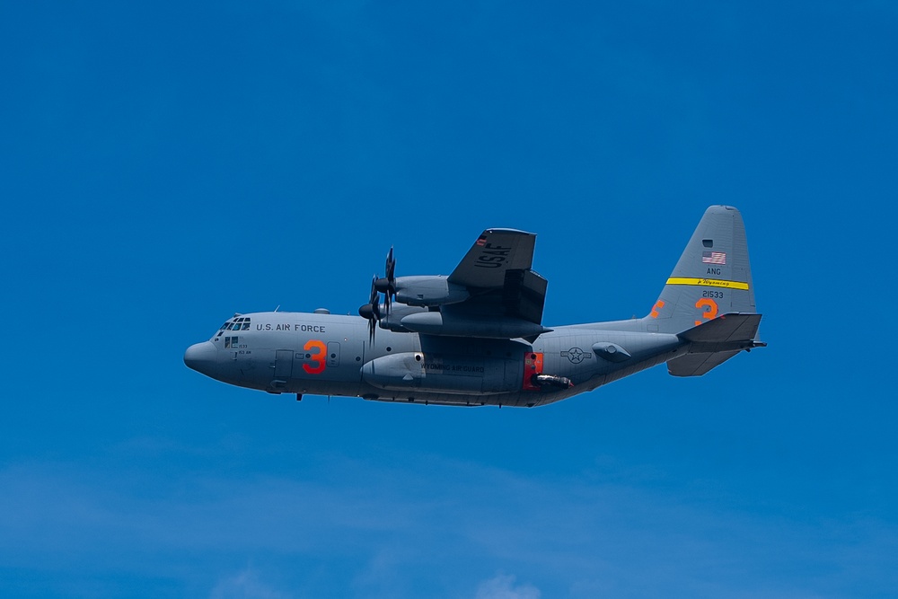 A C-130 from Wyoming Air National Guard's 153rd Airlift Wing flies overhead during Modular Airborne Fire Fighting System (MAFFS) Spring Training 2023