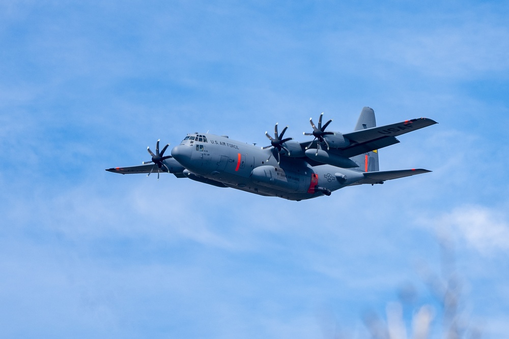 A C-130 from Wyoming Air National Guard's 153rd Airlift Wing flies overhead during Modular Airborne Fire Fighting System (MAFFS) Spring Training 2023