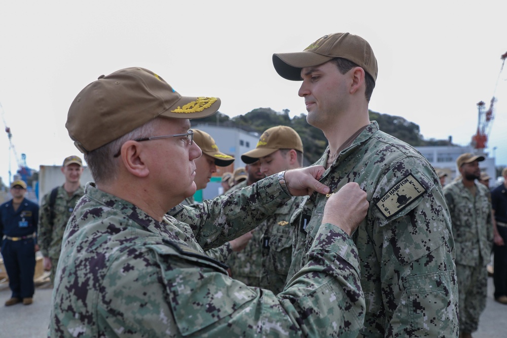 USS Hampton Sailors Receive Submarine Warfare Officer Pins from Commander, Task Force 74