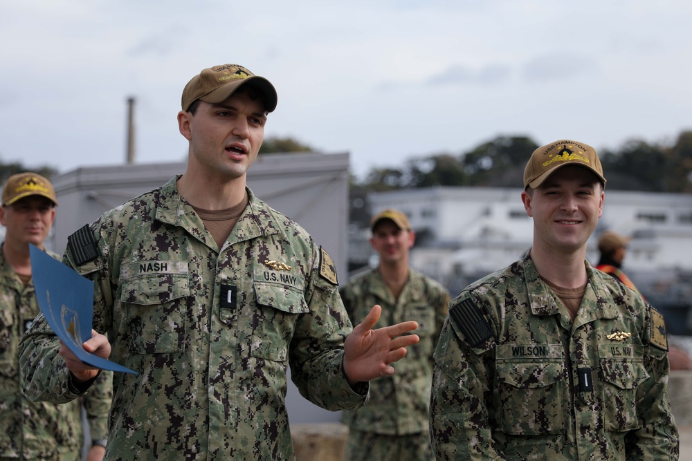 USS Hampton Sailors Receive Submarine Warfare Officer Pins from Commander, Task Force 74