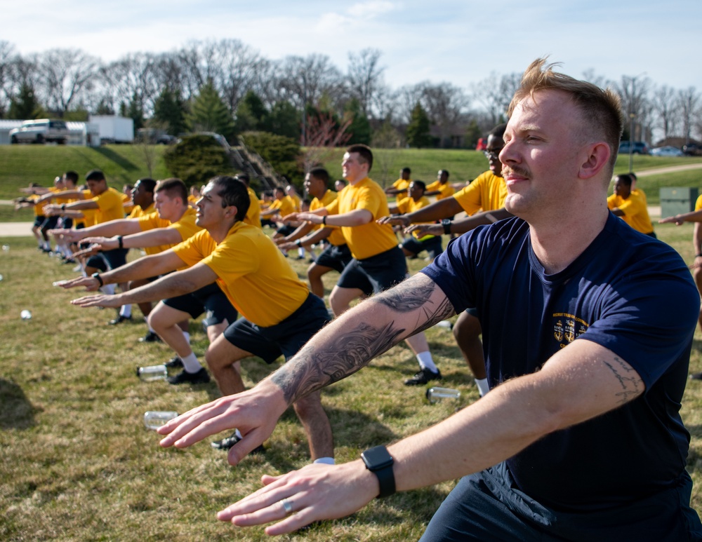 Recruits physically train at US Navy Recruit Training Command