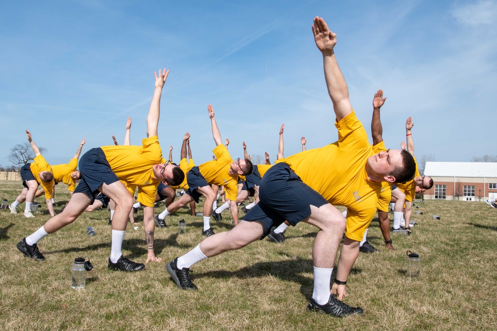 Recruits physically train at US Navy Recruit Training Command