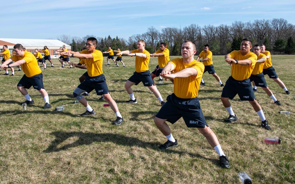 Recruits physically train at US Navy Recruit Training Command