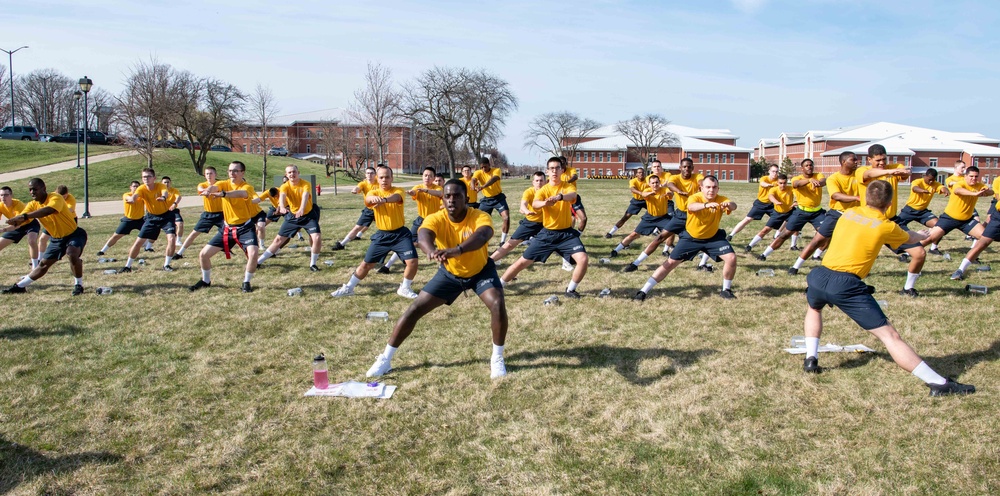 Recruits physically train at US Navy Recruit Training Command