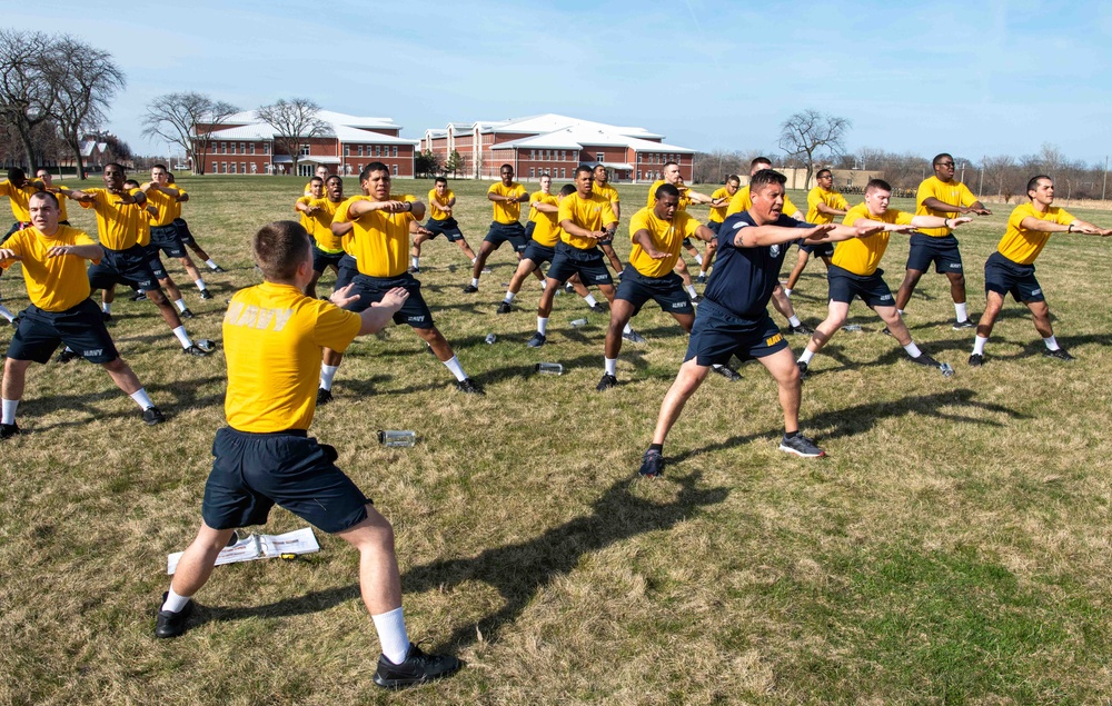 Recruits physically train at US Navy Recruit Training Command