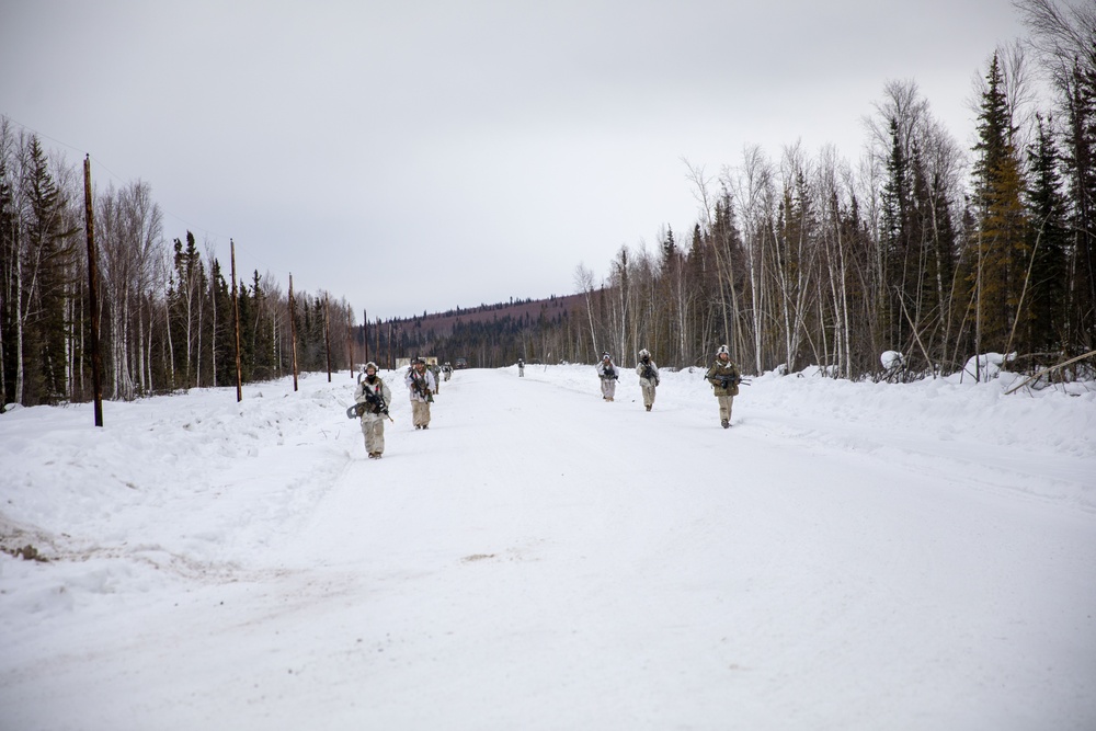 11th Airborne Division Soldiers conduct patrol during JPMRC-AK 23-02