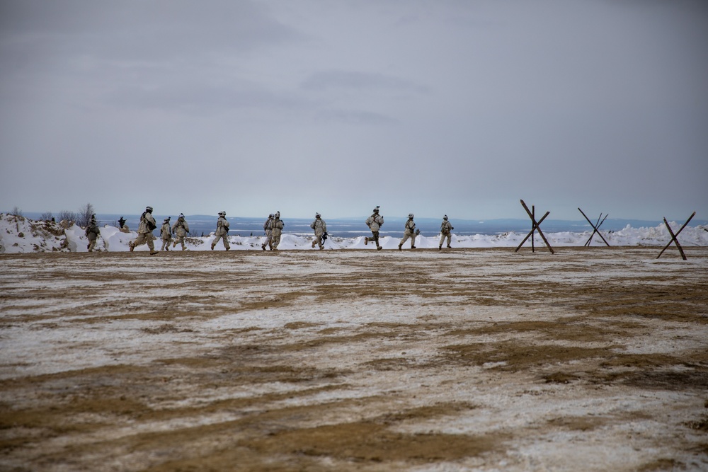 11th Airborne Division Soldiers conduct military patrol during JPMRC-AK 23-02