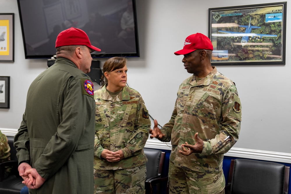 Col. Evan Kirkwood, Brig. Gen. Allison Miller and Maj. Gen. Ondra Berry at 2023 Modular Airborne Fire Fighting System (MAFFS) Spring Training