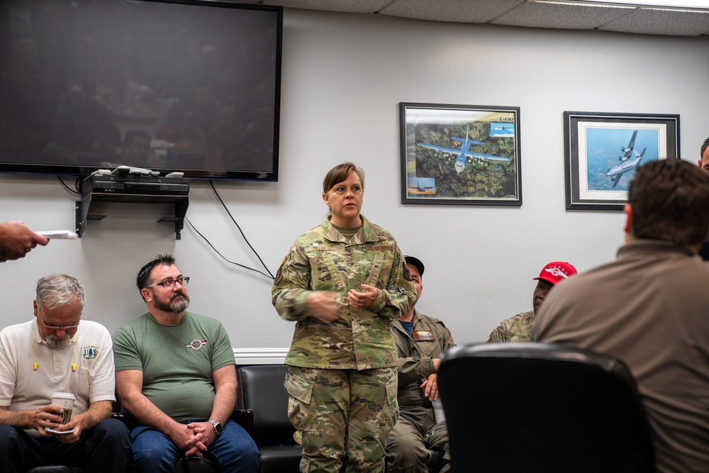 Brig. Gen. Allison Miller, Director of Operations, National Guard Bureau A3/10 during the morning meeting at 2023 Modular Airborne Fire Fighting System (MAFFS) Spring Training