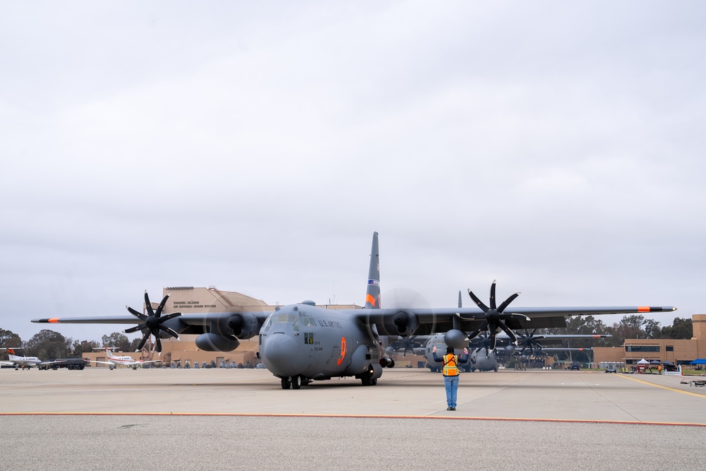 A C-130 from the Nevada Air National Guard's 152nd Airlift Wing taxis out to the runway at Channel Islands Air National Guard Station