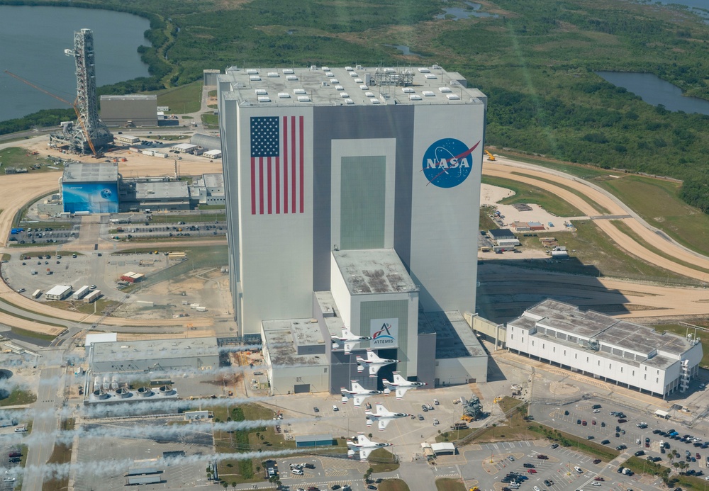 Thunderbirds fly over Kennedy Space Center