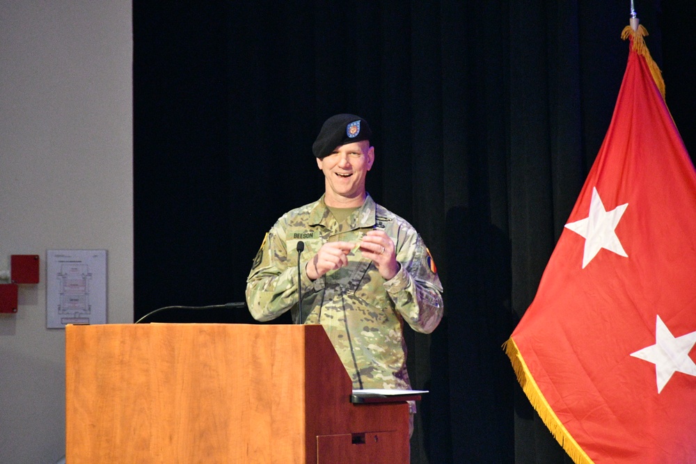 Command Sgt. Maj. Scott Beeson, the outgoing senior enlisted advisor for the U.S. Army Center for Initial Military Training, provides remarks during a Change of Responsibility ceremony at Fort Eustis April 12.