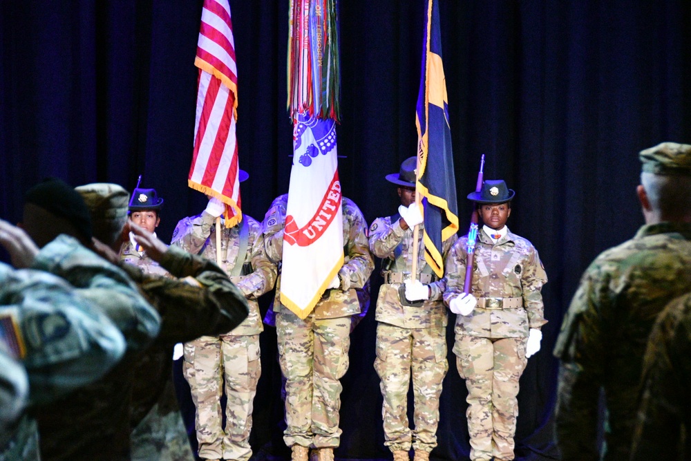 The U.S. Army Drill Sergeant Academy color guard posts the colors during the U.S. Army Center for Initial Military Training Change of Responsibility ceremony at Fort Eustis, Va. on April 12.