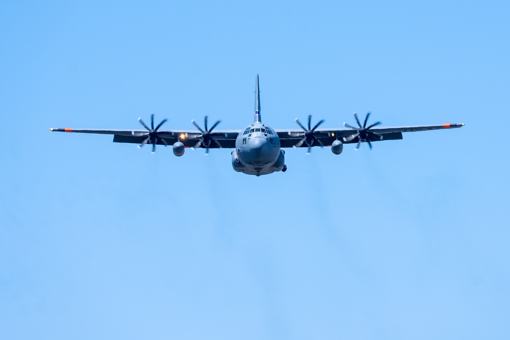 A C-130 from Nevada Air National Guard's 152nd Airlift Wing lines up for a water drop during Modular Airborne Fire Fighting System (MAFFS) Spring Training 2023