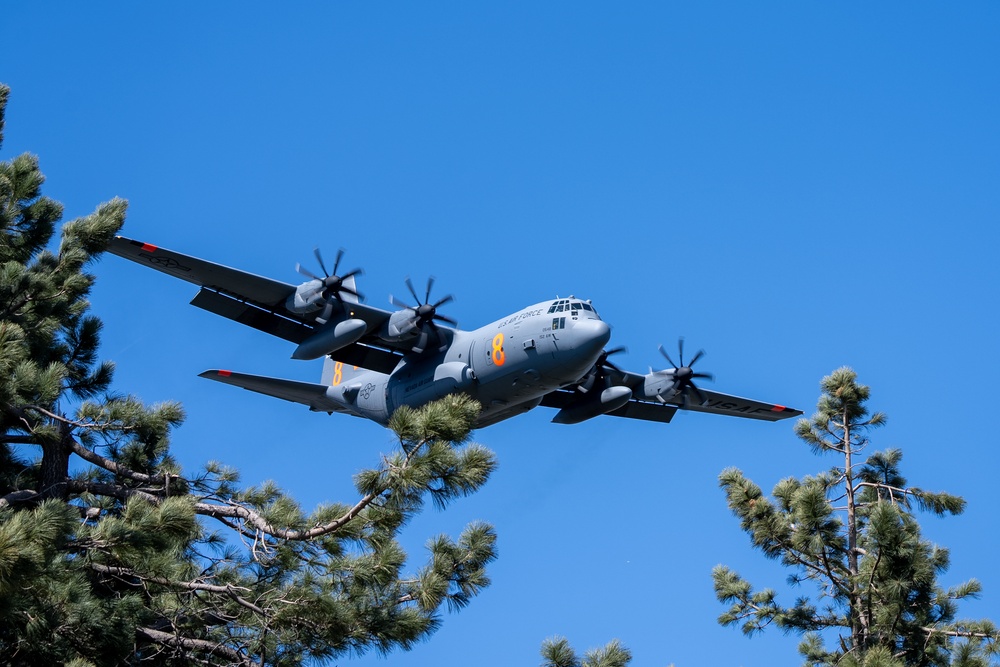A C-130 (MAFFS 8) from Nevada Air National Guard's 152nd Airlift Wing lines up before performing a water drop April 14, 2023