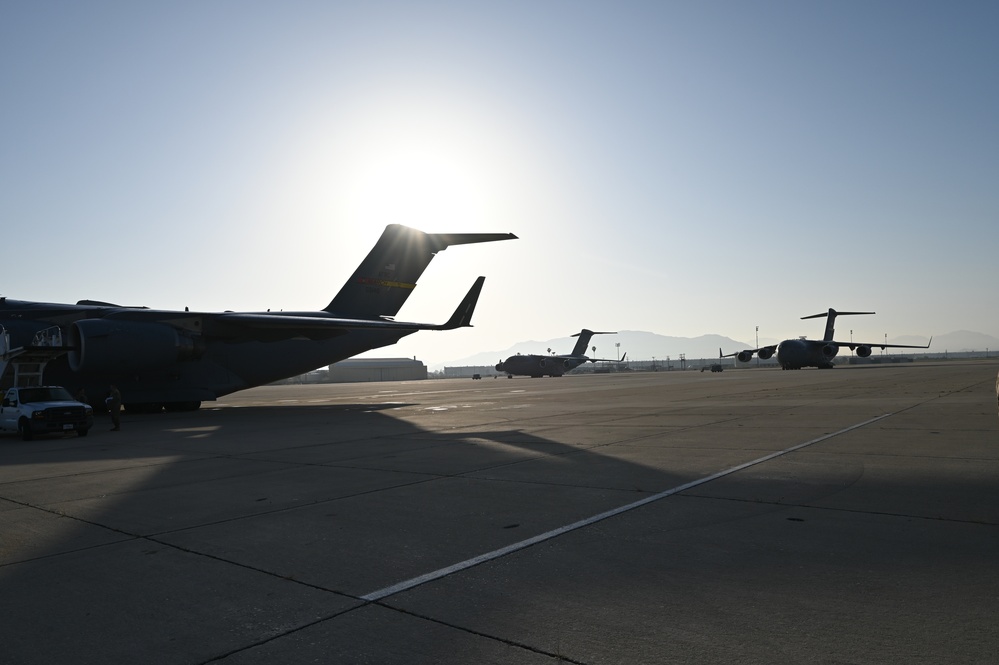 The sun rises over March Air Reserve Base flightline