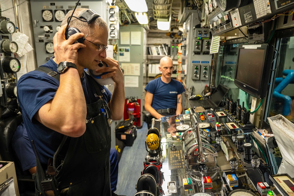 U.S. Coast Guard Cutter Active performs engineering casualty drills underway