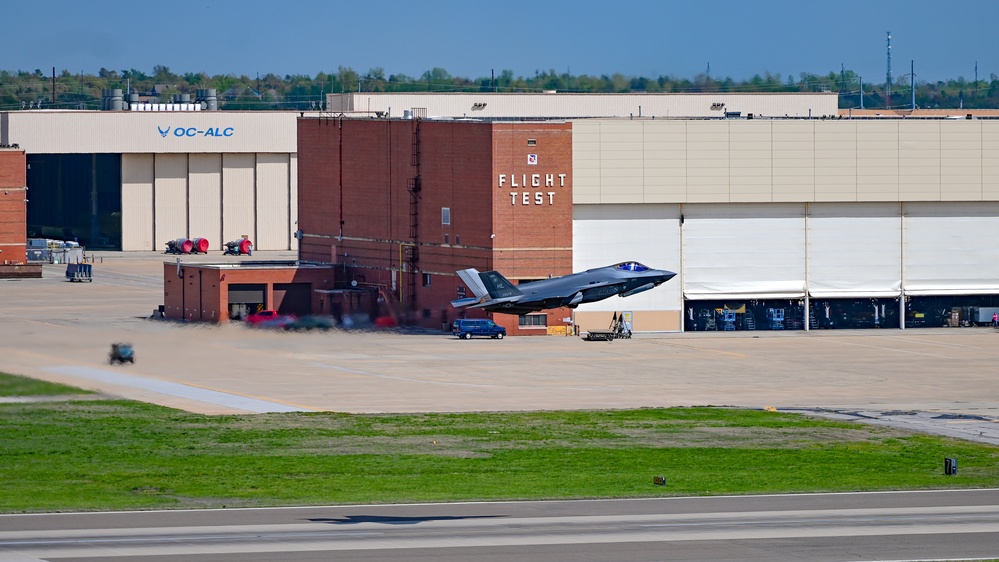 Four F-35A Lightning II's stopped at Tinker Air Force Base for fuel