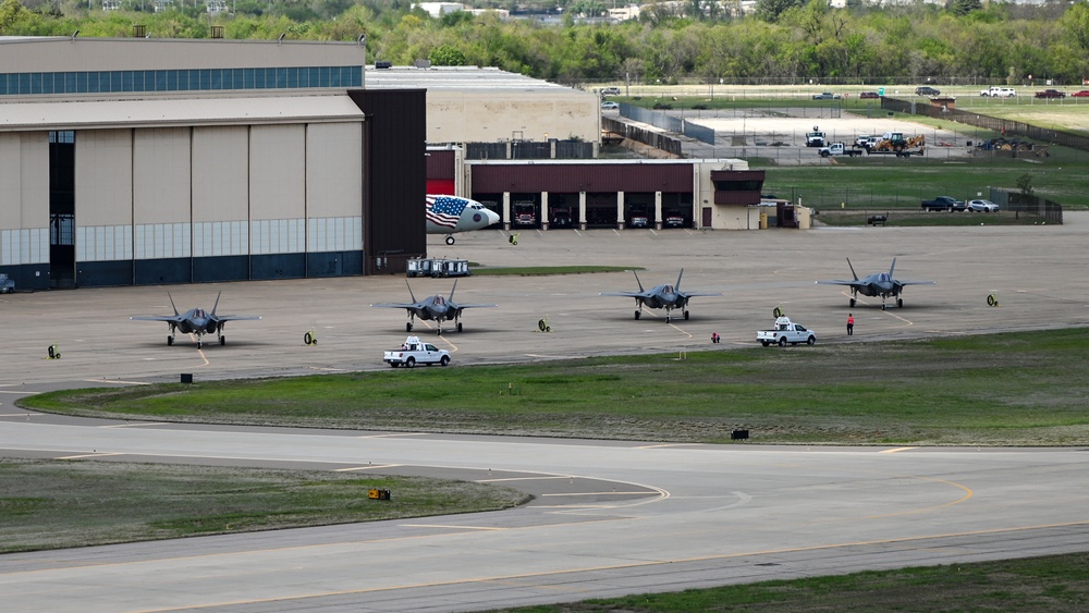 Four F-35A Lightning II's stopped at Tinker Air Force Base for fuel