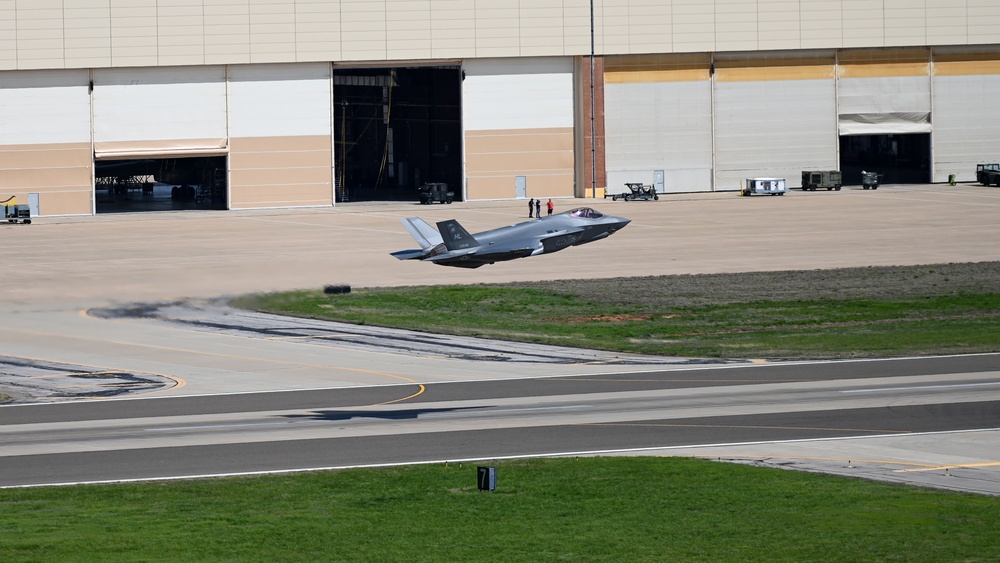 Four F-35A Lightning II's stopped at Tinker Air Force Base for fuel