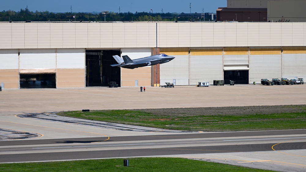 Four F-35A Lightning II's stopped at Tinker Air Force Base for fuel