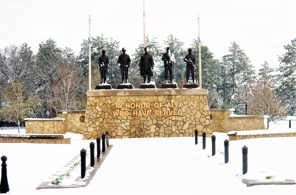 April snow at Fort McCoy's Veterans Memorial Plaza