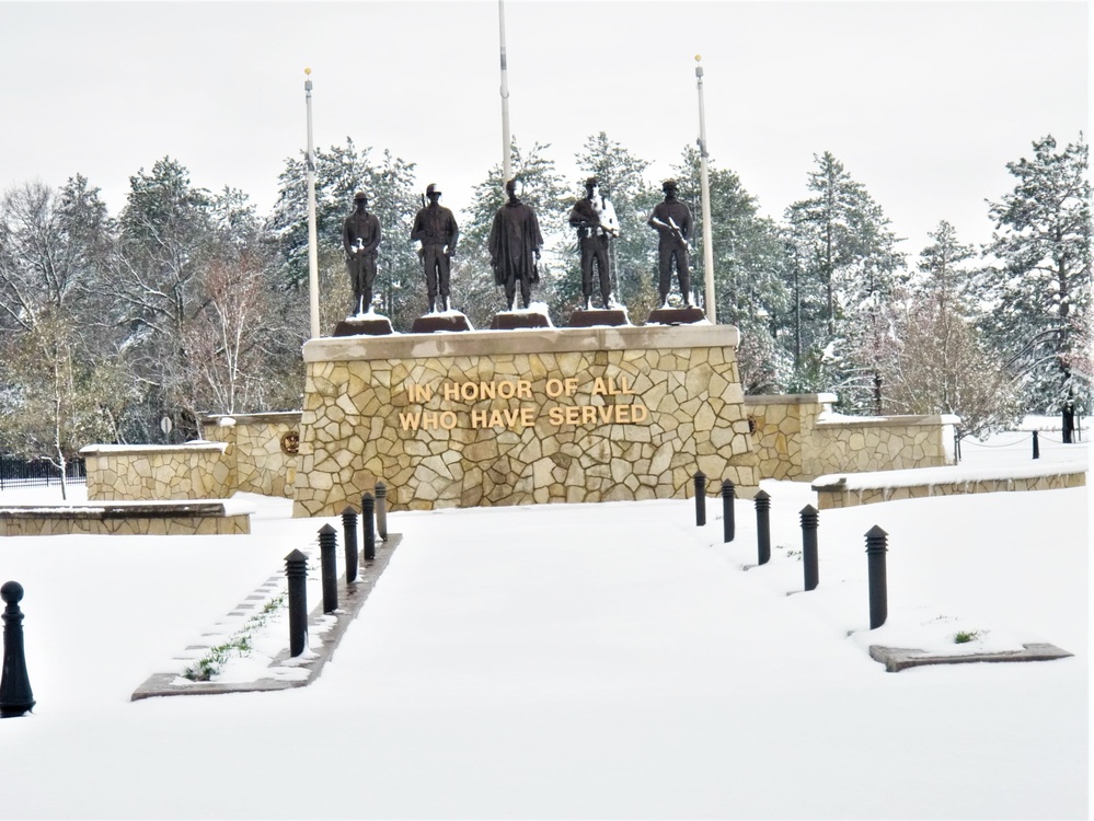 April snow at Fort McCoy's Veterans Memorial Plaza